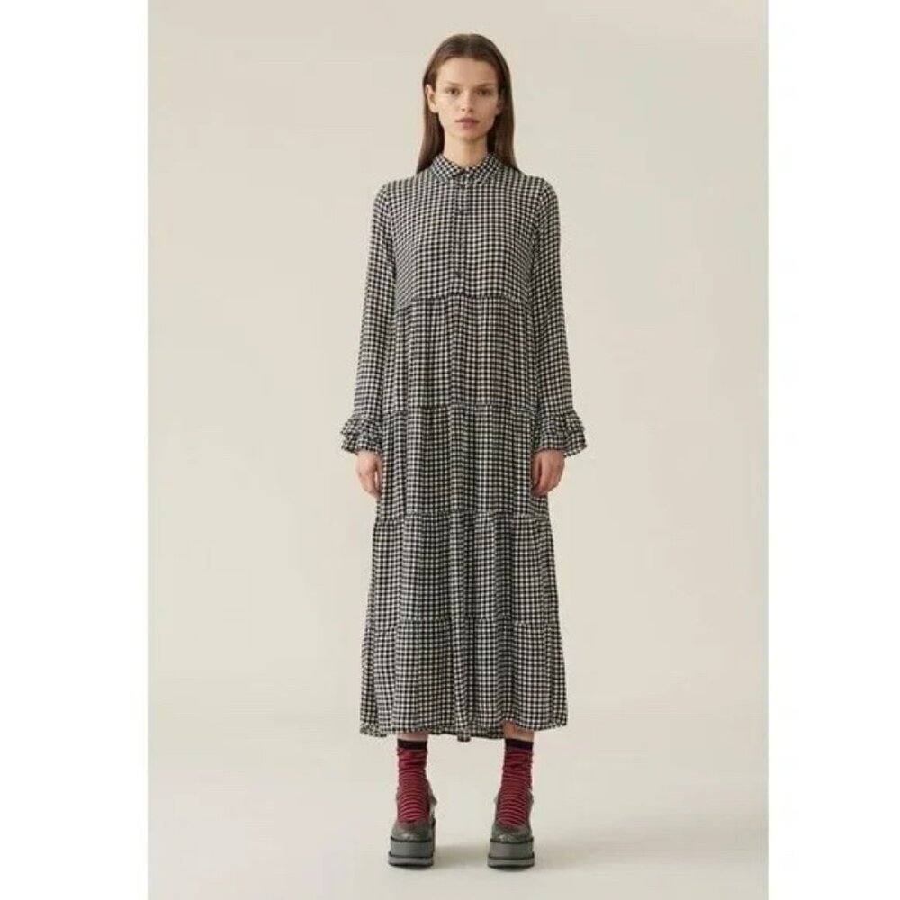 Ganni Gingham Crepe Tiered Maxi Dress / Size 34 / Oversized Loose Black White